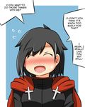  black_hair blue_background blush cape closed_eyes cross english flying_sweatdrops lunarisaileron no_nose open_mouth red_cape ruby_rose rwby short_hair solo speech_bubble sweatdrop upper_body 