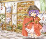  bowl bowl_hat charm_(object) chibi clenched_hand fan folding_fan hand_on_own_chest hat highres japanese_clothes kimono light_smile looking_at_viewer minigirl needle obi one_eye_closed plant pointing potted_plant purple_eyes purple_hair sash shelf short_hair sign sleeves_past_wrists solo standing sukuna_shinmyoumaru table touhou vase ys_(ytoskyoku-57) 