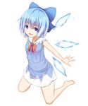  :d barefoot blue_eyes blue_hair bow cirno covered_navel dress full_body hair_bow highres kneeling looking_at_viewer open_mouth panties see-through short_dress short_hair simple_background smile solo striped striped_panties touhou tsuri_buta underwear white_background wings 