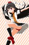  1girl akemi_homura black_hair cadsensei camera cosplay flying geta hat long_hair mahou_shoujo_madoka_magica panties pantyshot red_eyes red_panties shameimaru_aya_(cosplay) skirt solo striped_background tengu-geta tokin_hat touhou underwear upskirt wings 