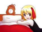  arm_rest bed blonde_hair blurry clock crossed_arms depth_of_field hair_ribbon kameyan long_sleeves looking_at_viewer mystia_lorelei mystia_lorelei_(bird) open_mouth pillow red_eyes ribbon rumia short_hair solo touhou upper_body vest 