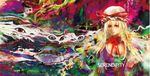  abstract alternate_eye_color bangs blonde_hair bow breasts choker cleavage colorful dress eyes hat hat_ribbon highres large_breasts lips long_hair mob_cap multicolored multicolored_background open_mouth parted_lips psychedelic purple_dress ribbon ribbon_choker solo surreal touhou uedajyoko upper_body yakumo_yukari 