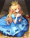  :o blonde_hair blue_dress bow breast_suppress breasts brown_eyes choker cleavage confetti crown dress elbow_gloves gloves highres large_breasts light_brown_hair long_hair looking_at_viewer lost_crusade namaru_(summer_dandy) official_art on_floor puffy_short_sleeves puffy_sleeves short_sleeves sitting solo staff white_gloves wooden_floor 