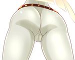  ass ass_focus belt bodysuit cameltoe close-up from_behind from_below guilty_gear guilty_gear_xrd highres jack-o'_valentine long_hair loose_belt pantylines simple_background skin_tight solo studded_belt superboin very_long_hair white_hair 