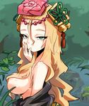  aqua_eyes areola_slip areolae blonde_hair breasts bunsuke circlet finger_in_mouth flower hair_flower hair_ornament large_breasts leaf long_hair meimei_(p&amp;d) puzzle_&amp;_dragons solo upper_body water wet wet_hair 