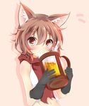  alcohol animal_ears beer blush brown_hair dungeon_ni_deai_wo_motomeru_no_wa_machigatteiru_darou_ka gloves kushida_you liliruca_arde open_mouth short_hair solo 