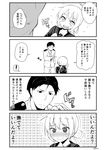  1boy 1girl 4koma :d @_@ admiral_(kantai_collection) binsen blush comic greyscale highres kantai_collection long_sleeves military military_uniform monochrome open_mouth satsuki_(kantai_collection) school_uniform serafuku short_hair smile spoken_exclamation_mark sweat translation_request trembling twintails twitter_username uniform wavy_mouth 