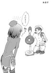  1girl admiral_(kantai_collection) beret blush comic electric_fan fan greyscale hat ichiei kantai_collection military military_uniform monochrome paper_fan short_hair takao_(kantai_collection) thighhighs translated uchiwa uniform 