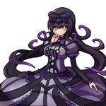  borokuro bow chandelure dress eyebrows eyebrows_visible_through_hair frilled_dress frills gen_5_pokemon hair_bow long_hair looking_at_viewer personification pokemon purple_dress purple_hair smile solo white_background yellow_eyes 