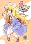  blonde_hair blue_eyes blush child cover cover_page doujin_cover dress english have_to_pee hirayuki_rio long_hair mary_janes open_mouth original ribbon shoes socks solo tears text_focus 