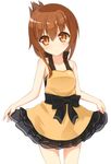  alternate_costume bad_id bad_pixiv_id brown_eyes brown_hair half_updo highres inazuma_(kantai_collection) kantai_collection looking_at_viewer rateratte skirt skirt_lift smile solo 