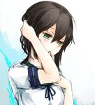  adjusting_hair brown_hair fubuki_(kantai_collection) green_eyes hair_down hair_tie hinamori kantai_collection mouth_hold solo sweat 