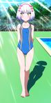  absurdres arms_behind_back barefoot blush highres looking_away nisekoi one-piece_swimsuit paula_mccoy poolside screencap shadow short_hair silver_hair solo stitched sunlight swimsuit thigh_gap third-party_edit yellow_eyes 