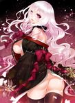  apt ass bare_shoulders black_legwear blush breasts cherry_blossoms collar floral_print heterochromia highres japanese_clothes kuroda_kanbee_(sengoku_bushouki_muramasa) large_breasts long_hair looking_back open_mouth petals purple_eyes sengoku_bushouki_muramasa sideboob silver_hair smile solo thighhighs white_eyes 