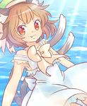  :3 alternate_costume animal_ears armpits bow brown_eyes brown_hair cat_ears cat_tail chen commentary_request dress fang ibaraki_natou multiple_tails nekomata short_hair solo tail touhou two_tails white_dress 
