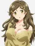  breasts brown_hair cleavage hair_ornament hairclip hairu large_breasts long_hair off_shoulder open_mouth shinomiya_himawari solo sweater upper_body vividred_operation white_background yellow_eyes 