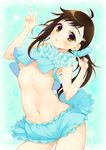  :o arched_back blue_background blush breasts brown_eyes brown_hair contrapposto frills hair_ornament hair_twirling hairclip looking_at_viewer mirei navel nisekoi no_bra onodera_haru scrunchie side_ponytail skirt small_breasts solo standing stomach underboob v 