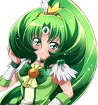  absurdres bad_id bad_pixiv_id blush bow brooch choker cure_march green green_bow green_choker green_eyes green_hair highres jewelry long_hair magical_girl midorikawa_nao ponytail precure sharumon smile_precure! solo tri_tails white_background wrist_cuffs 