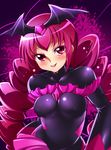  absurdres bad_end_happy bad_end_precure bad_id bad_pixiv_id black_bodysuit bodysuit eyeshadow gem highres long_hair makeup pink_background pink_eyes pink_hair pink_skirt precure sharumon skirt smile smile_precure! solo twintails 