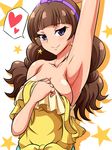  alternate_breast_size amanogawa_kirara aokura_shou arm_up armpits blush breasts brown_hair cleavage collarbone commentary_request earrings front-tie_top go!_princess_precure heart highres jewelry large_breasts long_hair looking_at_viewer naughty_face precure purple_eyes shadow smile solo spoken_heart star star_earrings starry_background strap_slip twintails 