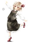  1girl blonde_hair commentary_request fang gorilla_(bun0615) hair_ribbon highres long_sleeves looking_at_viewer open_mouth outstretched_arms red_eyes ribbon rumia shirt skirt skirt_set smile solo spoken_exclamation_mark standing standing_on_one_leg touhou vest 