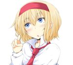  alice_margatroid blonde_hair blue_eyes blush capelet chata_maru_(irori_sabou) hairband open_mouth playing_with_own_hair solo touhou upper_body 
