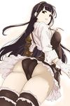  black_hair black_panties breasts from_below gloves goggles goggles_on_head granblue_fantasy gustav_(telomere_na) jessica_(granblue_fantasy) long_hair looking_down medium_breasts panties parted_lips ribbon solo thighhighs underwear 