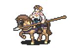  brown_hair cavalier_(fire_emblem) crossover detached_sleeves fire_emblem headgear hiei_(kantai_collection) horse horseback_riding japanese_clothes kantai_collection lowres pixel_art polearm riding rw short_hair solo spear thighhighs weapon 