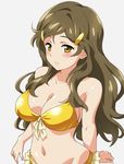  bikini blush breasts brown_hair frilled_bikini frills hair_ornament hairclip hairu large_breasts long_hair navel shinomiya_himawari solo swimsuit vividred_operation white_background yellow_bikini yellow_eyes 