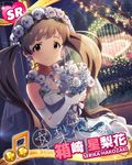  beamed_eighth_notes bouquet brown_eyes brown_hair card_(medium) character_name dress elbow_gloves flower gloves hakozaki_serika head_wreath idolmaster idolmaster_million_live! looking_at_viewer musical_note official_art solo 