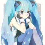  black_gloves blue_eyes blue_hair blue_legwear bow gloves hair_bow hands_on_own_cheeks hands_on_own_face hatsune_miku heterochromia knees_together_feet_apart long_hair looking_down mismatched_legwear multicolored multicolored_eyes pantyhose pink_eyes sitting sleeveless snail solo symbol_in_eye twintails very_long_hair vocaloid yuya_kyoro 