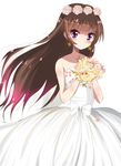  alternate_hairstyle amanogawa_kirara bad_id bad_pixiv_id bare_shoulders blush bouquet brown_hair commentary_request dress earrings flower go!_princess_precure hair_down haru_(nature_life) jewelry long_hair looking_at_viewer precure purple_eyes simple_background solo star star_earrings strapless strapless_dress wedding_dress white_background 