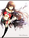  belt black_choker black_gloves black_hair breasts choker copyright_name fingerless_gloves gloves hand_on_hip highres letterboxed long_hair looking_at_viewer medium_breasts natsuki_yuka navel single_glove solo tales_of_(series) tales_of_berseria thighhighs underboob velvet_crowe yellow_eyes 