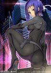  ass black_gloves blue_hair bodysuit boots building cameltoe from_behind ghost_in_the_shell ghost_in_the_shell_arise gloves green_eyes high_heel_boots high_heels holster impossible_bodysuit impossible_clothes jpeg_artifacts kusanagi_motoko leg_lift looking_back matarou_(genkai_toppa) outdoors outline short_hair skin_tight solo 