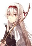  bow_(weapon) brown_eyes crossed_arms dated gloves hairband headband holding japanese_clothes kantai_collection light_smile long_hair muneate partly_fingerless_gloves shoukaku_(kantai_collection) simple_background single_glove smile solo tomozo_kaoru twitter_username weapon white_background white_hair yugake 