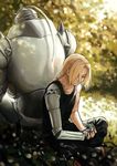  absurdres alphonse_elric armor back-to-back blonde_hair blurry closed_eyes depth_of_field edward_elric full_armor fullmetal_alchemist gehirnkaefer grass highres leaf living_armor mechanical_arm prosthesis prosthetic_arm sitting sunlight tree 