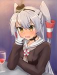  amatsukaze_(kantai_collection) blush choker cup dress drinking_(artist) drinking_glass fang gloves hair_tubes hairband hand_on_own_cheek hat kantai_collection long_hair looking_at_viewer open_mouth sailor_dress silver_hair smoke solo two_side_up wine_glass yellow_eyes 
