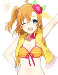 ;d bad_id bad_twitter_id bikini blue_eyes breasts chisumi cleavage flower front-tie_bikini front-tie_top hair_flower hair_ornament hairband hand_on_hip hibiscus kousaka_honoka looking_at_viewer love_live! love_live!_school_idol_project medium_breasts natsuiro_egao_de_1_2_jump! navel one_eye_closed one_side_up open_mouth orange_hair outstretched_arm smile solo swimsuit twitter_username upper_body white_background 