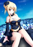  1girl artist_name blonde_hair blush breasts brown_eyes cleavage detached_sleeves dress fairy_tail female hair_ornament happy large_breasts long_hair looking_at_viewer lucy_heartfilia mimelex nail_polish sitting smile solo strapless strapless_dress tattoo tattooed_breast 