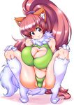  animal_ears breasts cameltoe cat_ears cat_tail cleavage cleavage_cutout folded full_body fur_trim highres large_breasts long_hair navel_cutout perisie_(star_ocean) ponytail red_eyes red_hair ryoi shiny shiny_skin smile solo squatting star_ocean star_ocean_first_departure tail white_background 