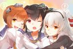  ;d amatsukaze_(kantai_collection) bangs black_hair brown_eyes brown_hair girl_sandwich hair_ornament hairband hug kantai_collection meru_(merumumu) multiple_girls one_eye_closed open_mouth purple_eyes sandwiched short_hair silver_hair smile tokitsukaze_(kantai_collection) two_side_up yukikaze_(kantai_collection) 