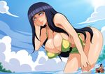 1girl bent_over breasts cleavage cloud cyberunique highres huge_breasts hyuuga_hinata naruto outdoors purple_hair sky solo swimsuit water watermark 