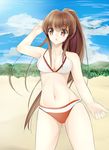  bikini brown_eyes brown_hair highres kantai_collection long_hair ponytail sonyntendo swimsuit yamato_(kantai_collection) 