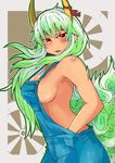  alternate_costume bare_shoulders blush breasts cleavage ex-keine green_hair hands_in_pockets heiseikorotaisei horn_ribbon horns kamishirasawa_keine large_breasts long_hair looking_at_viewer naked_overalls no_bra open_mouth overalls red_eyes ribbon sideboob sleeveless smile solo tail touhou 