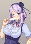  alfort_(may0508) breasts dagashi_kashi flower food frilled_sleeves frills hair_flower hair_ornament hair_ribbon hairband highres large_breasts popsicle purple_hair ribbon sexually_suggestive shidare_hotaru short_hair skirt solo suspender_skirt suspenders underbust 