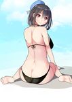  ass beret bikini black_hair butt_crack from_behind gaichi hat kantai_collection red_eyes short_hair solo swimsuit takao_(kantai_collection) 