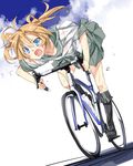  abukuma_(kantai_collection) bicycle black_footwear blonde_hair blue_eyes boots dutch_angle ground_vehicle highres kantai_collection knee_boots mtu_(orewamuzituda) open_mouth pleated_skirt school_uniform serafuku skirt solo sweat 