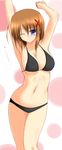  absurdres arms_up bikini blue_eyes brown_hair hair_ornament highres lask lyrical_nanoha mahou_shoujo_lyrical_nanoha_strikers one_eye_closed short_hair solo swimsuit x_hair_ornament yagami_hayate 