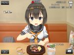  akai_ronii akizuki_(kantai_collection) backpack bag black_eyes bread breasts brown_hair chopsticks eating food fruit hairband kantai_collection lemon looking_at_viewer meat open_mouth recording salad solo soup viewfinder 