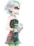  bad_id bad_twitter_id detached_collar domino_mask dress earrings gloves green_legwear hotaru_(splatoon) jewelry mask mole mole_under_eye pantyhose pointy_ears ryuukeichi_andromeda short_hair silver_hair simple_background solo splatoon_(series) splatoon_1 strapless strapless_dress white_background white_gloves yellow_eyes 